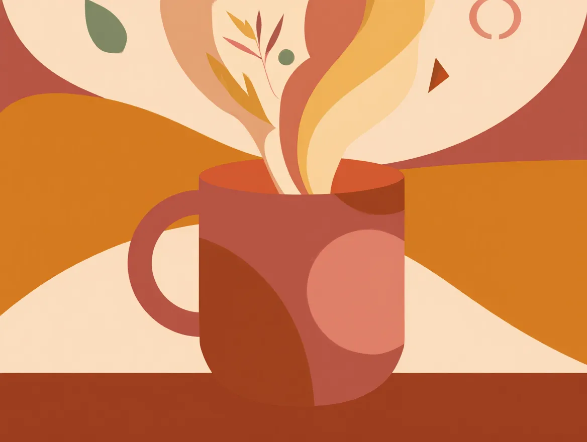 Abstract illustration of a calm morning routine with warm tones and soft geometric patterns