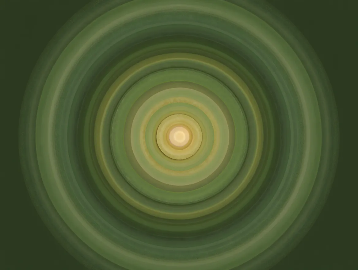 Concentric circles illustration representing mindful focus and inner calm with soft green and gold tones